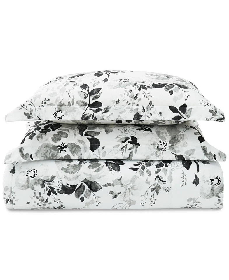 Monocromático genérico 2 piezas Juego de edredón doble estampado floral, negro/blanco Foto 2 de 4