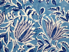 Blue Grey Block Print Indian By the Yard Floral Fabric for Sewing Dressmaking