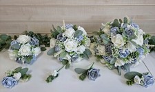 Wedding bouquet bridesmaids posy baby blue, grey & ivory greenery & gypsophila