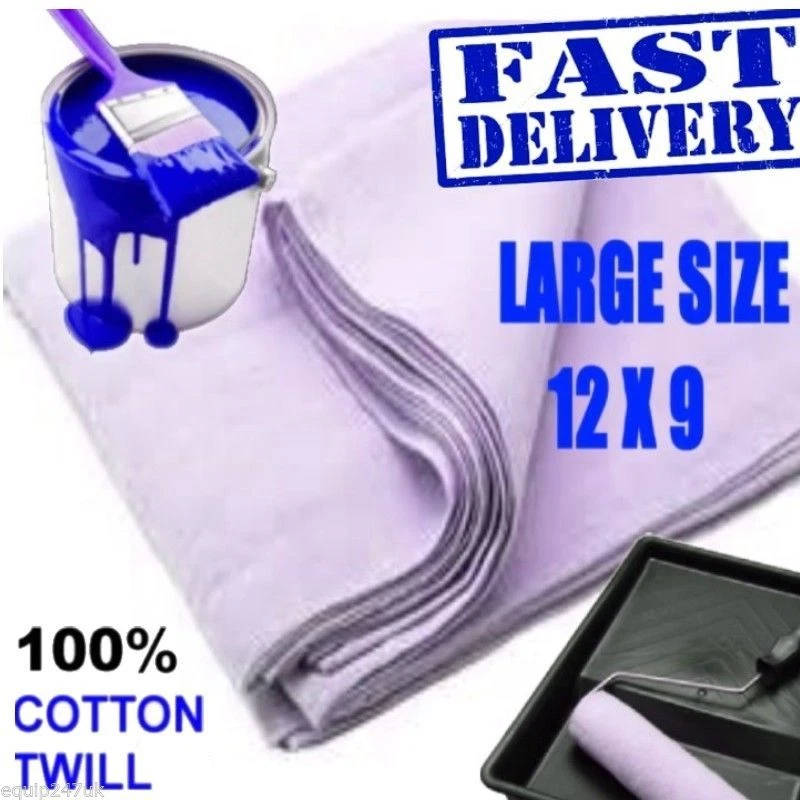 EQUIP247UK 5 X LARGE DUST SHEETS 12ft x 9ft 100% COTTON TWILL QUICK DELIVERY
