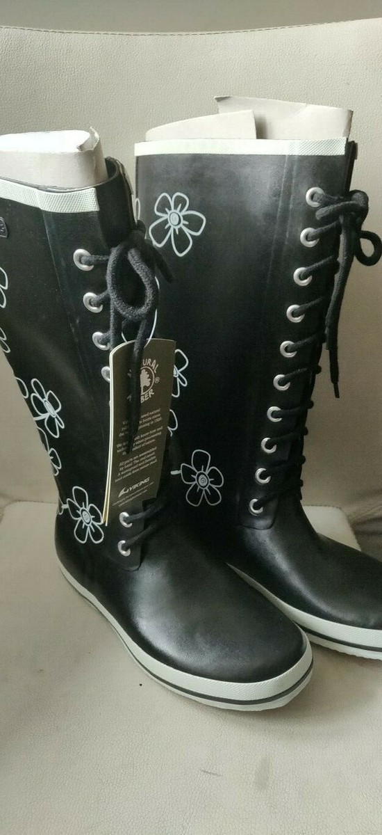 Viking Retro Flower Black Wellington Boots Ladies Festival Wellies
