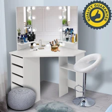 Corner Makeup Vanity Desk with Mirror & Lights 44in Bedroom Vanity Table Shelf-