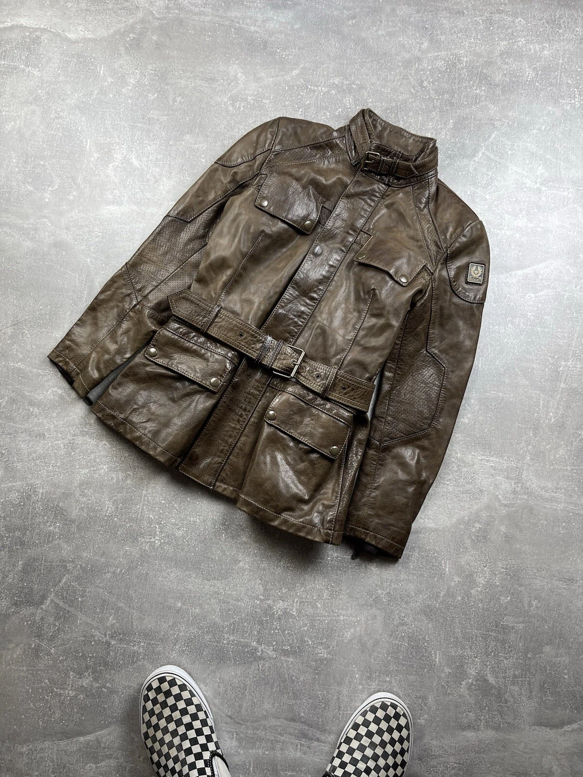 Belstaff Gold Label Ladies Biker Belted Brown Leather Jacket Sz 40 Made In Italy