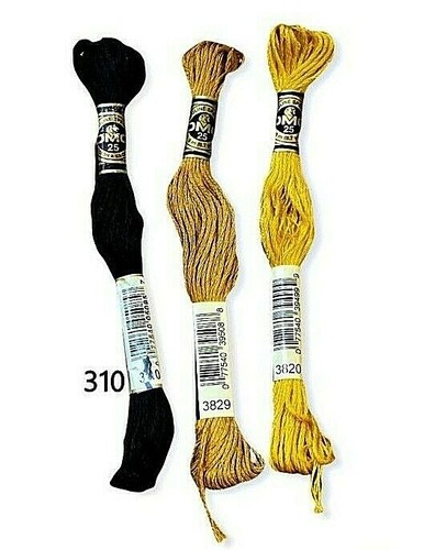 DMC 6 Strand Embroidery Floss Thread Cotton 3 Skeins 310, 3829, 3820 8.7 YDs