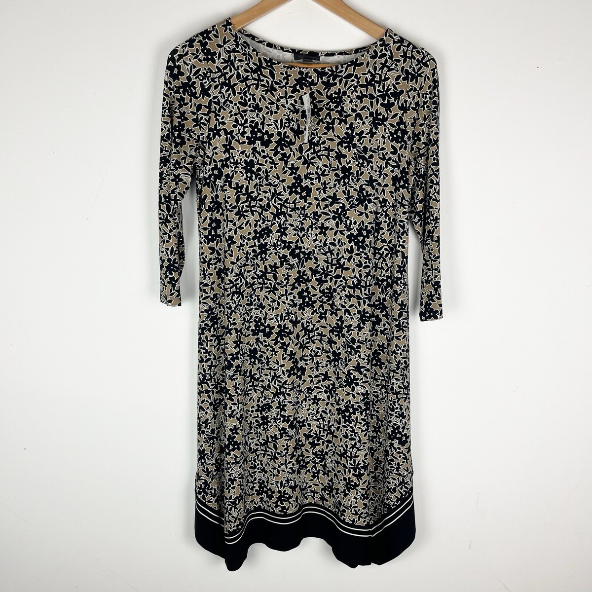 NEW J Jill Wearever Shift Dress 3/4 Sleeve Tan Black Border NEW J Jill Wearever Shift Dress 3/4 Sleeve Tan Black Border