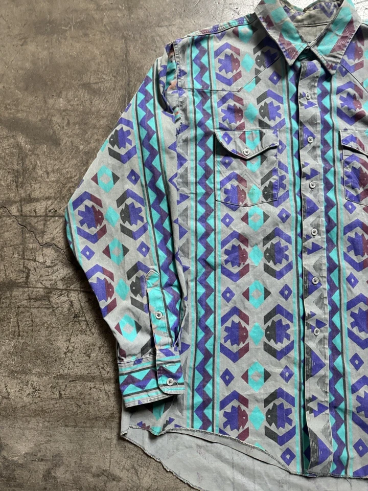 Vintage Wrangler Brushpopper Aztec Button Down Blue Rare Size 18-35  - Image 2 of 4