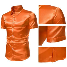 Men Faux Silk Satin Glossy Tops Short Sleeve Shirt Fit Button Stage Costumes Top