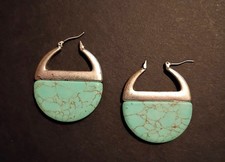 Silver Tone Faux Turquoise Boho-Western Hoop Earrings