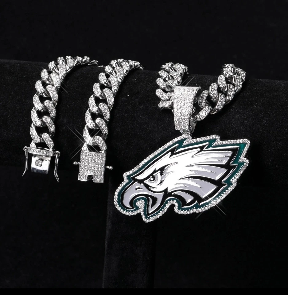 PHILADELPHIA EAGLES драгоценный камень ожерелье серебро блестящий футбол подвеска / 24» кубинская цепочка - Изображение 2 из 4