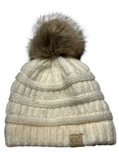C.C. Beanie Girls 2-7 Classic Chunky Cable Knit Faux Fur Pom Pom Ivory Winter