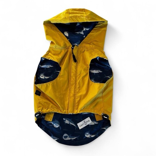 Lucy & Co Shark Attack Reversible Dog Raincoat Navy/Yellow, Size Medium Hood