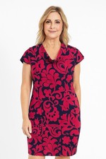 Talbots Magenta Navy Floral Linen Sheath Dress Cowl Women’s Size 10 Lined