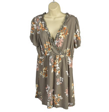 Xhilaration Grey Floral Print Ruffle V-Neck Boho Hippie Chic Dress Size XXL