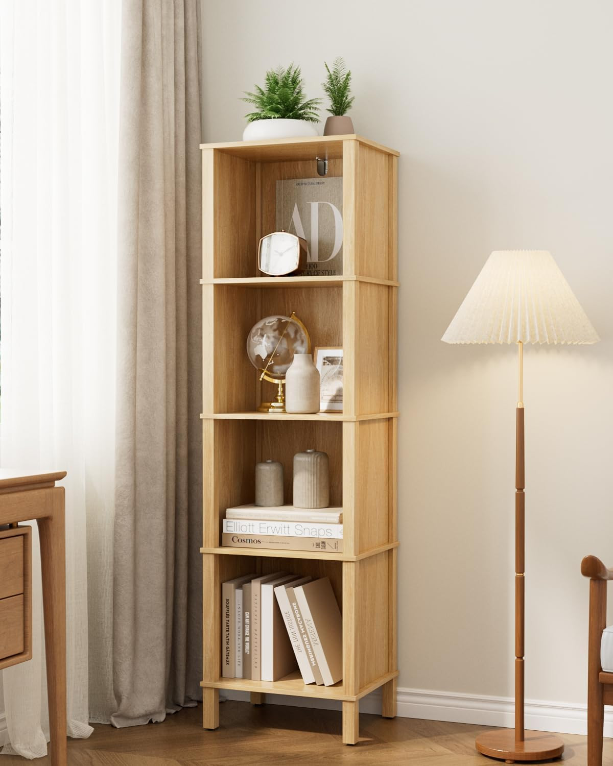 Modern 4-Tier Narrow Bookshelf for Living Room, Office, Bedroom - Natural Finish