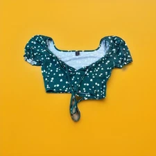 SHEIN Green & White Floral Ruched Milkmaid Cross Tie Short Sleeve Crop Top Med