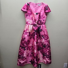 Kay Unger "Tierney" Tea Length Floral Midi Fit & Flare Dress Elegant Pink Rose 8