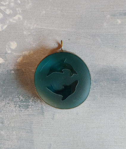 Vintage pendant etched glass aqua blue dolphin yin yang metal surround artisan