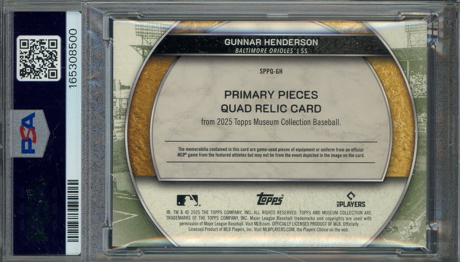 2025 Topps Museum Primary Pieces Sapphire Gunnar Henderson Quad Jersey /25 PSA 9 view 2