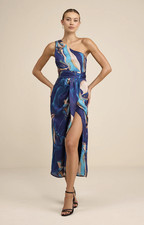 NWT Lulus Rhema Blue Multi Abstract Print Satin Midi Dress