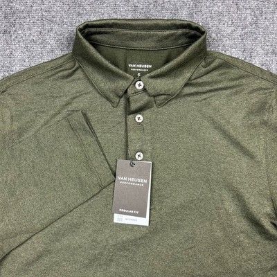 Van Heusen Performance Polo Mens Small Olive Green Long Sleeve Wicking Twill