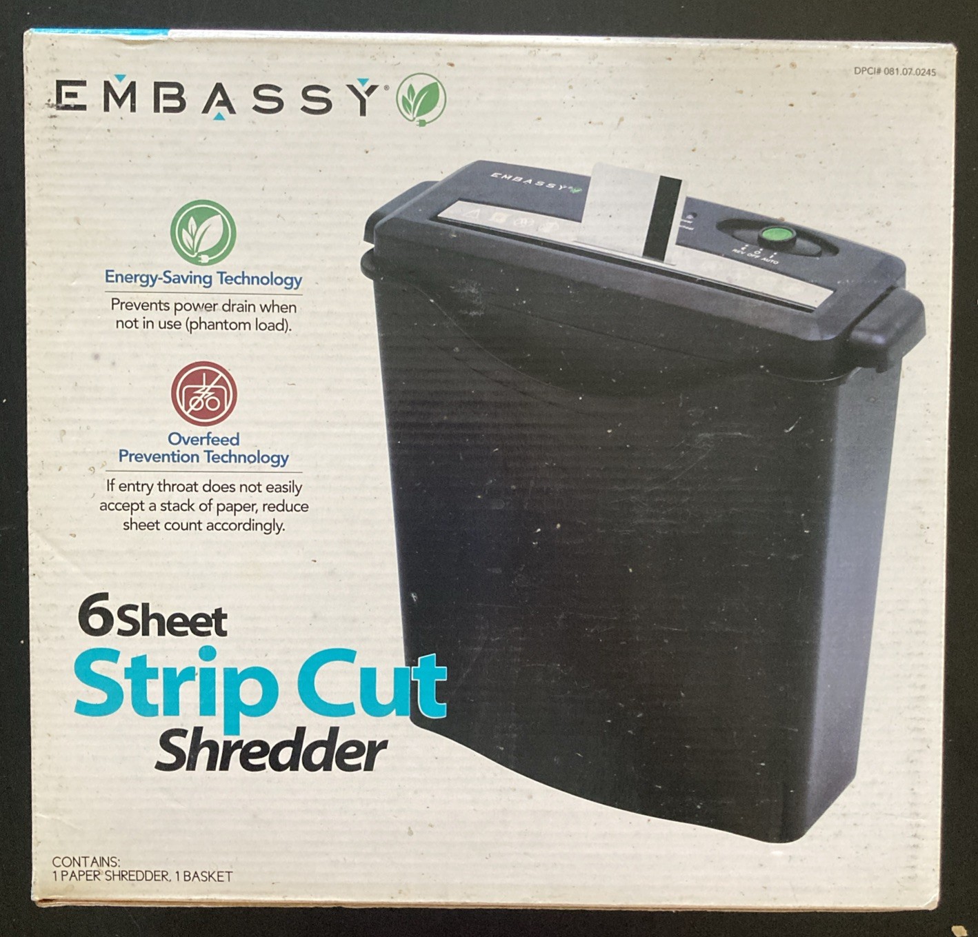 Embassy TS60Be 6 Sheet Strip Cut Shredder + Basket Cuts Cred