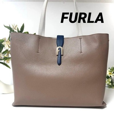 FURLA Sofia Leather Tote Bag Gray Beige Gold Logo Large A4 Business Bag Women's