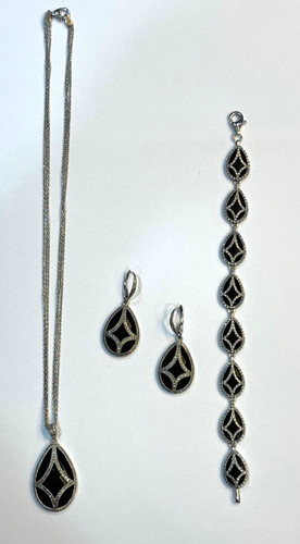 Sterling Silver Onyx Pendant Necklace, Bracelet, & Earring Set