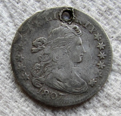 1807 Draped Bust Silver Dime Rare Early Key Date Type Coin VF / XF Detail Holed