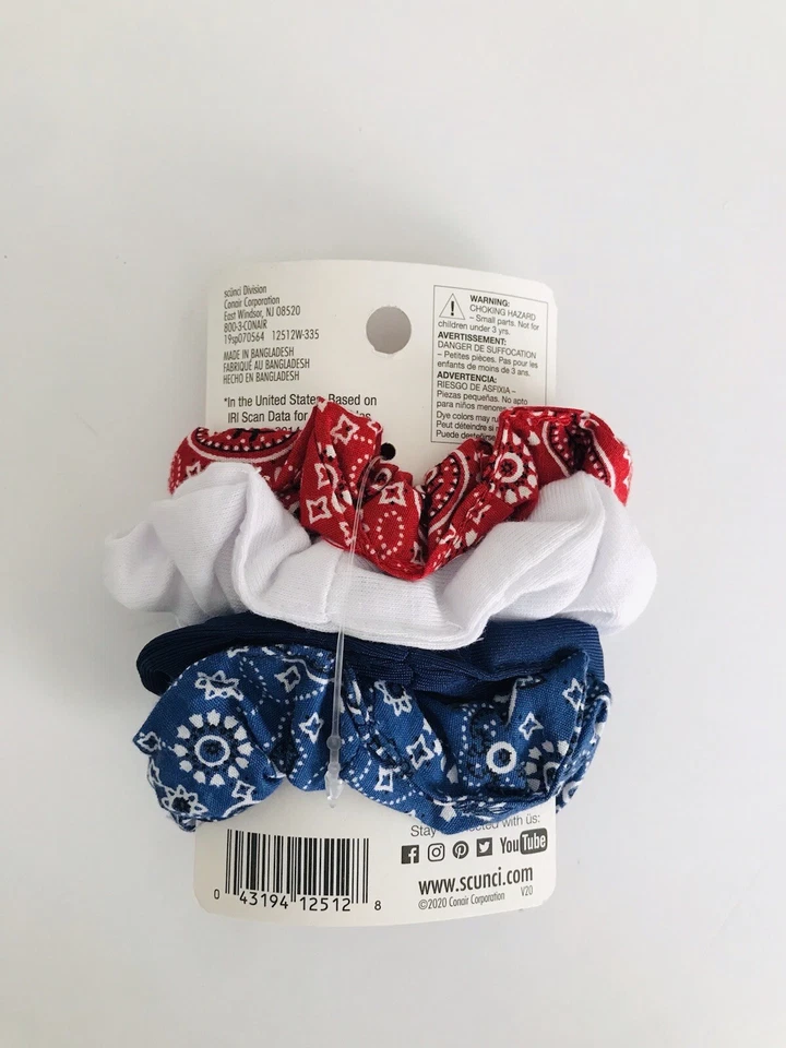 Scunci Hair Accessories 4 pc Scrunchie Medium Red/White/Blue Printed 12512 - Image 2 of 2