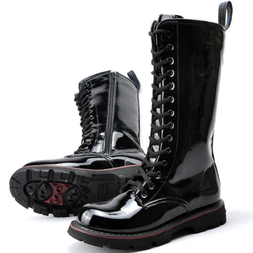 Mens Patent Leather Combat Punk Boots Military Knee High Motorcycle Mid Calf new - Afbeelding 1 van 6