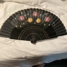 Vintage Hand Held Folding Fan Black Hand Painted Flowers, Yellow And Rose Color