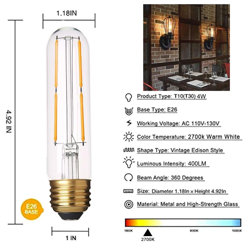 42 Pks Dimmable T10 LED Bulb 2700K Tubular Light Bulb 40W Equiv 400LM Warm White - Image 3 of 4