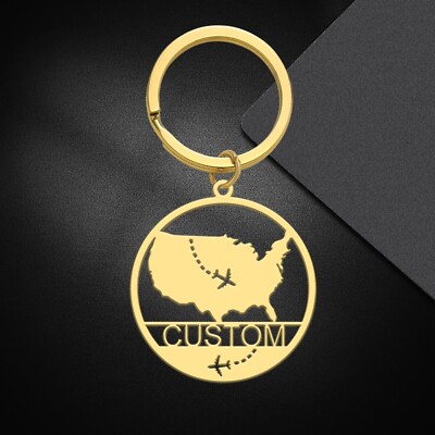 Custom Name Map Aircraft Pendant keychain Stainless Steel Jewelry Gift