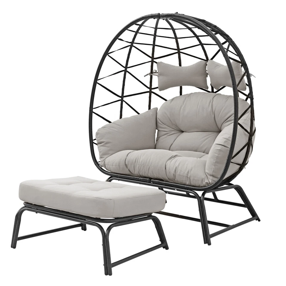 2 Persons Egg Chair Patio Wicker Oversized Lounger w/Stand Cushions Patio Chair - Image 3 of 4