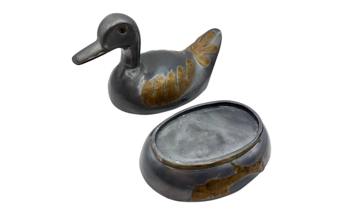 Vintage Huge Duck Trinket Pewter Brass Handmade Decor Box Jewelry 1970s Casket - Picture 6 of 8