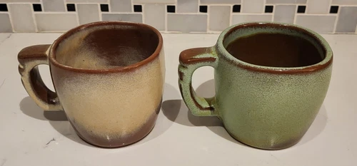 Lot of 2 Vtg Frankoma Pottery Plainsman & Prairie Green 5C Coffee Mugs Woodland