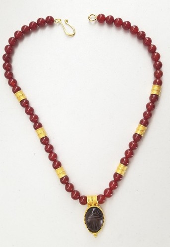 Vintage MMA WAG Egyptian Revival Scarab Carnelian Gold Necklace 18" - Picture 11 of 13