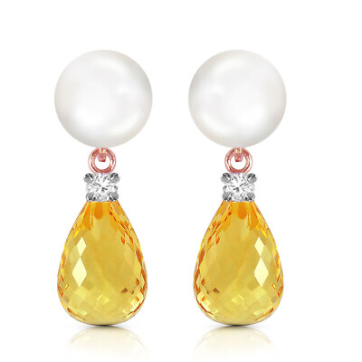 14K. GOLD OHRSTECKER MIT DIAMANTEN, CITRIN & PERLE
