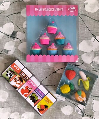 Tinc/Kikkerland Radiergummi Konvolut - Obst/Cupcakes/duftende Getränkekartons NEU!