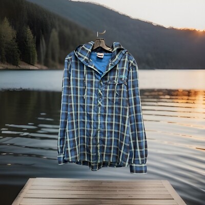 Jack Wolfskin Blue And Turquoise Plaid Button Up With Drawstring Hood Size L