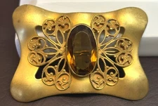 HUGE VINTAGE Art Nouveau Victorian Brown Faceted Glass Large C Clasp Pin Brooch