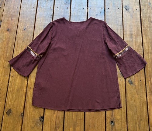 NEW Denim & Co. women's L dark red boho embroidered tassel 3/4 sleeve top blouse - Picture 10 of 16