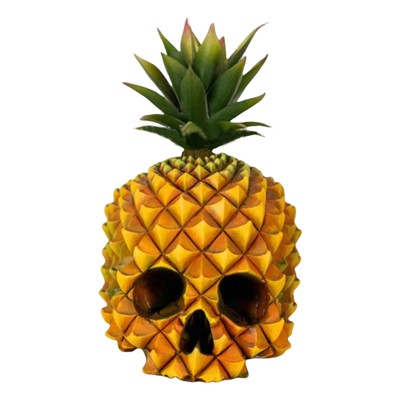 Resin Tropical Pineapple Golden Skull Figurine 6'' Tall Fruity Skeleton Head