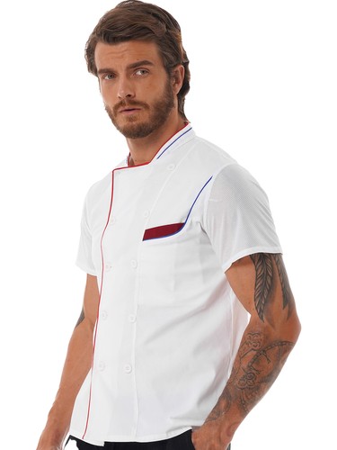 Mens Chef Jacket Coat Short Sleeve Cook Hotel Restaurant Kitchen Uniform Tops - Picture 18 of 34