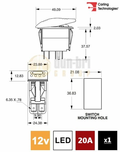 Carling 273.705 Interruttore a bilanciere SERIE V 12V (ON)/OFF/(ON) DP 2xLED VERDE/ROSSO - Foto 3 di 5