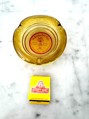 Vintage Straw Hat Pizza Glass Ashtray & Full Unstruck Front Stike Matchbook