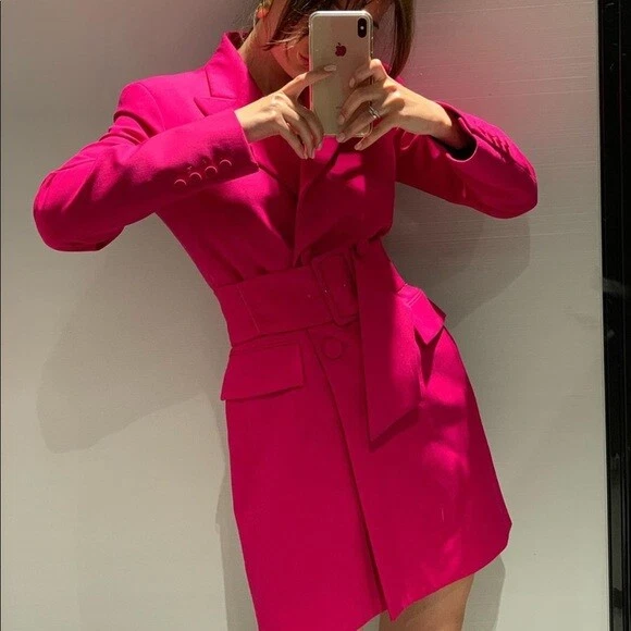 ZARA PINK FUCHSIA LONG SLEEVE DOUBLE BREASTED BLAZER COAT WITH BELT | eBay