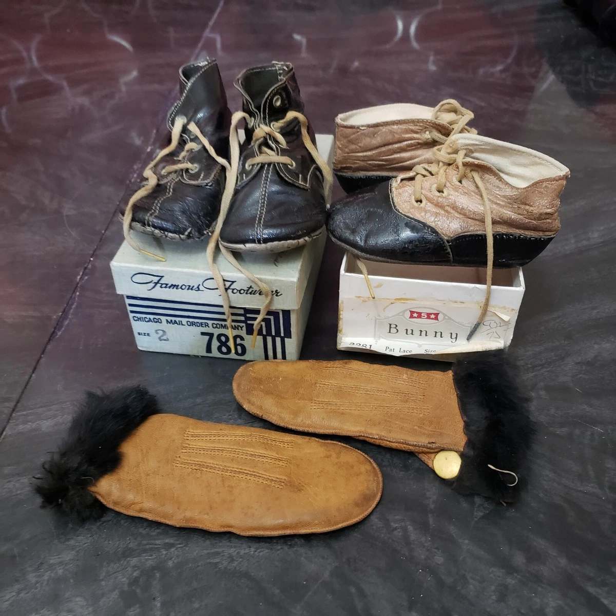 Lot of Antique Leather Baby Shoes Gloves Famous Footwear 5 Star Bunny Vintage