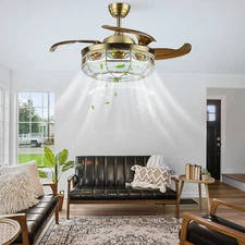 36" Tiffany LED Chandelier Invisible Ceiling Fan Light Ceiling Lamp w/ Remote