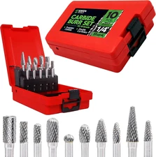 Carbide Burr Set 1/4" Shank – 10 Pcs Double Cut Die Grinder Bits for Milling, Ca